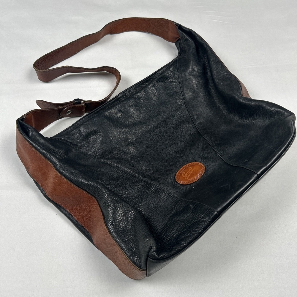 Vintage Giudi Black Brown Purse Pebbled Leather Hobo-Style Handbag Italy 456277
